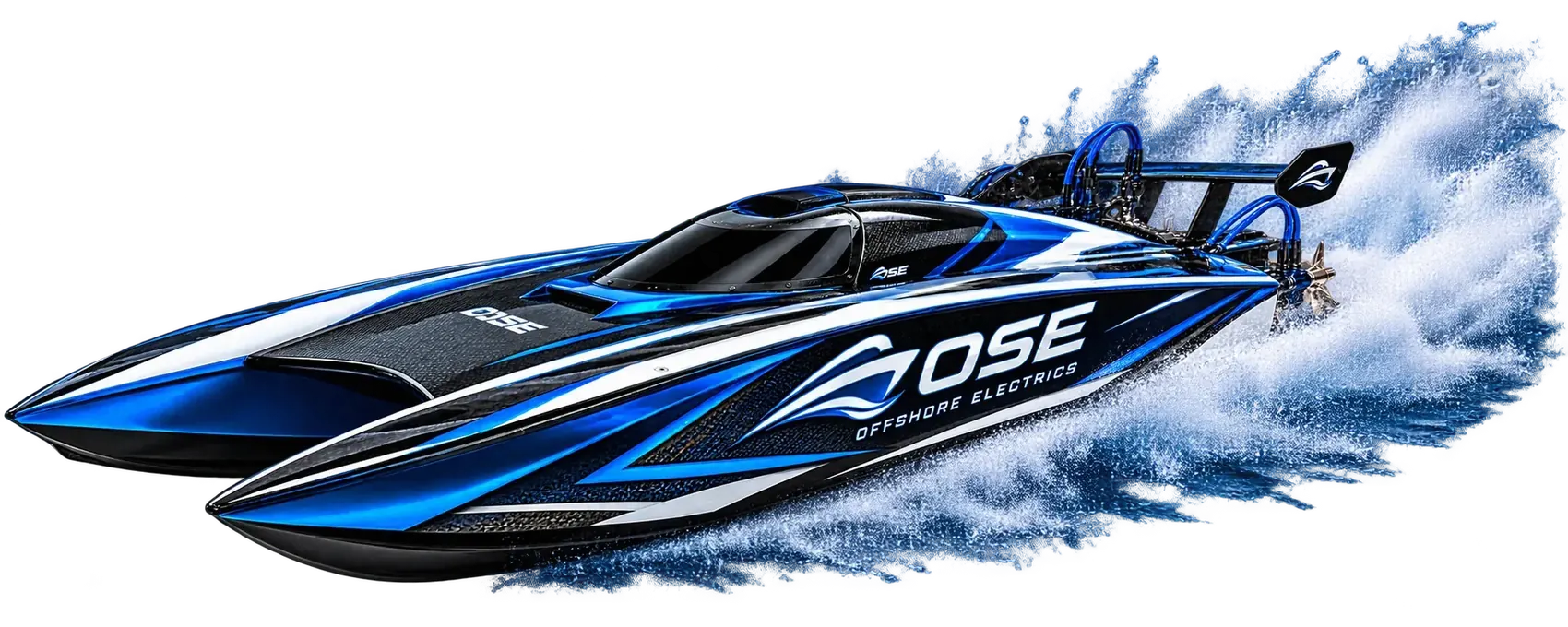 Offshore Electrics high-performance RC boat cutting through water
